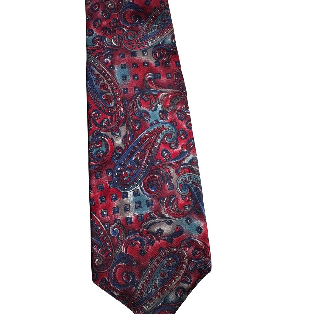 VTG Woodward Mens Silk Paisley Tie Red Blue Geometric Made in USA Necktie